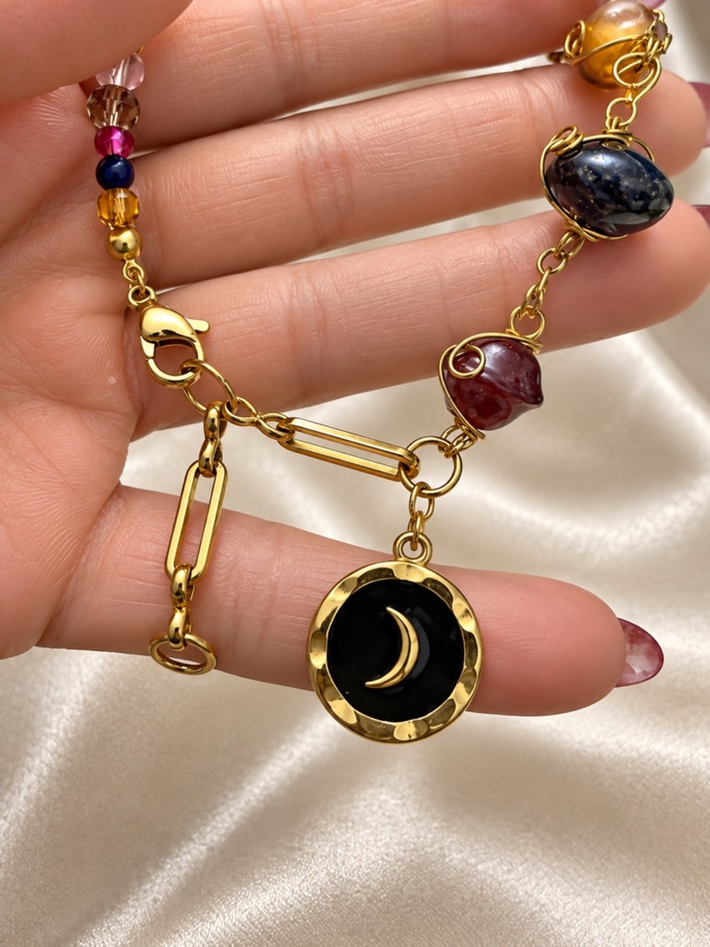 Gold Crescent Moon Pendant Beaded Bracelet - Black & Multicolor